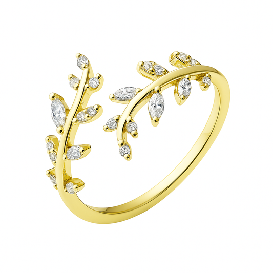 Gold on Sterling Silver CZ Leaf Feather Bridal Wrap Ring Adjustable