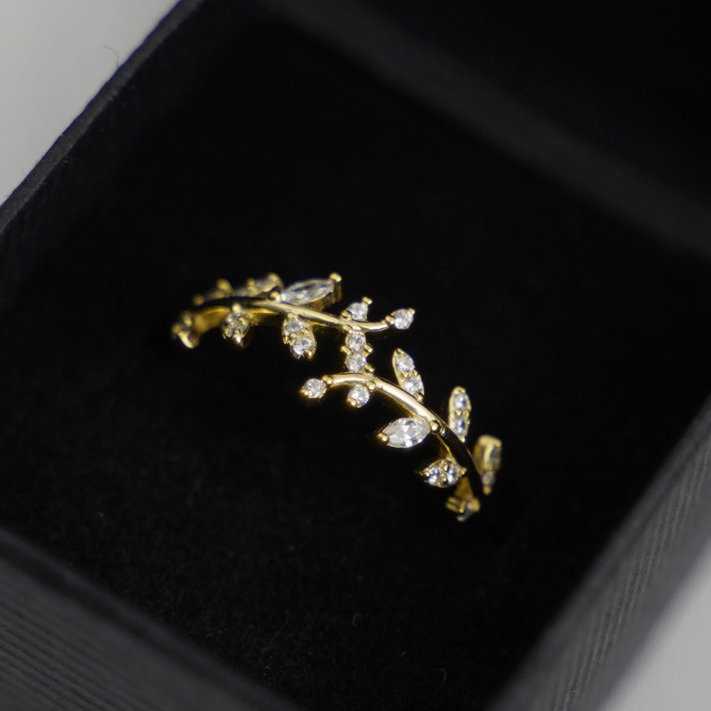 Gold on Sterling Silver CZ Leaf Feather Bridal Wrap Ring Adjustable