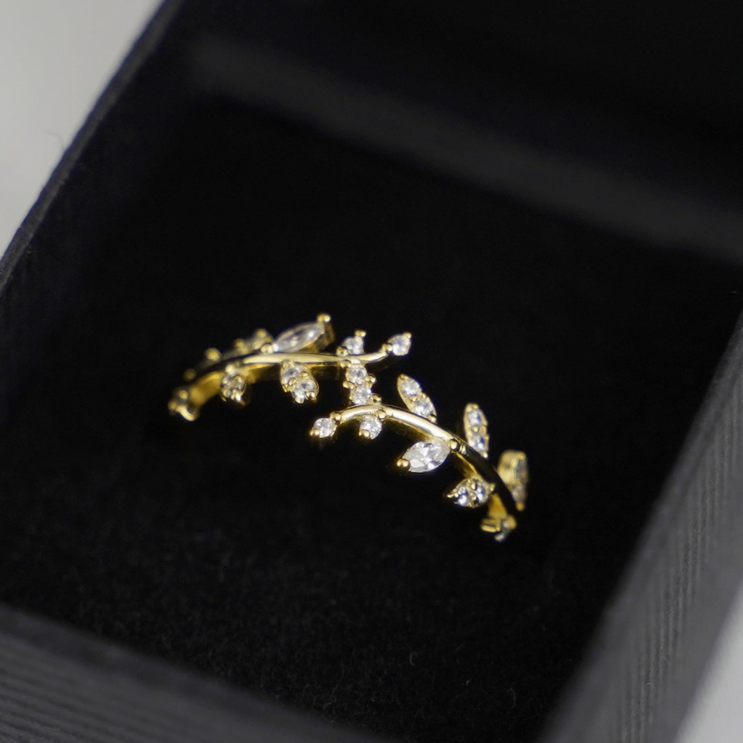 Gold on Sterling Silver CZ Leaf Feather Bridal Wrap Ring Adjustable