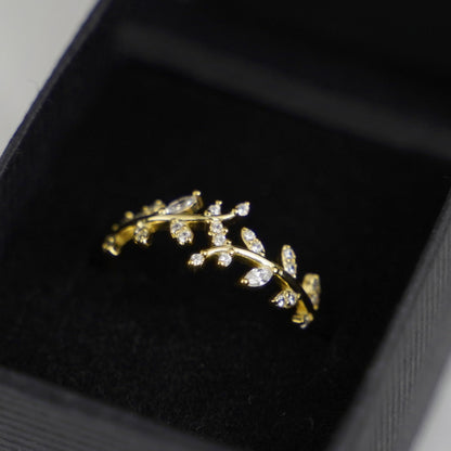Gold on Sterling Silver CZ Leaf Feather Bridal Wrap Ring Adjustable