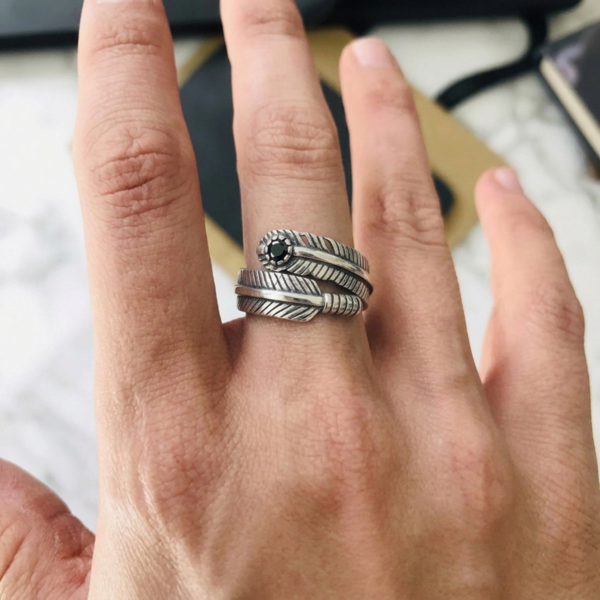 Feather Wrap Ring Black CZ Oxidised