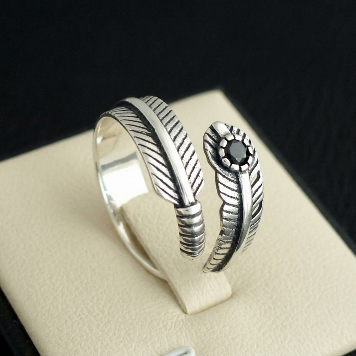 Feather Wrap Ring Black CZ Oxidised