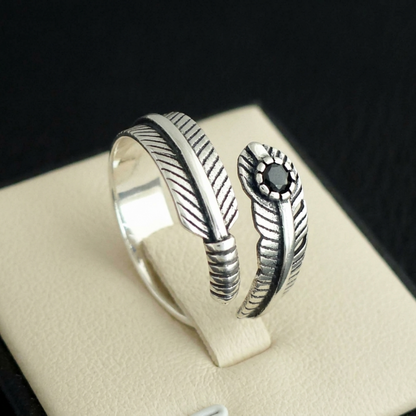 Feather Wrap Ring Black CZ Oxidised