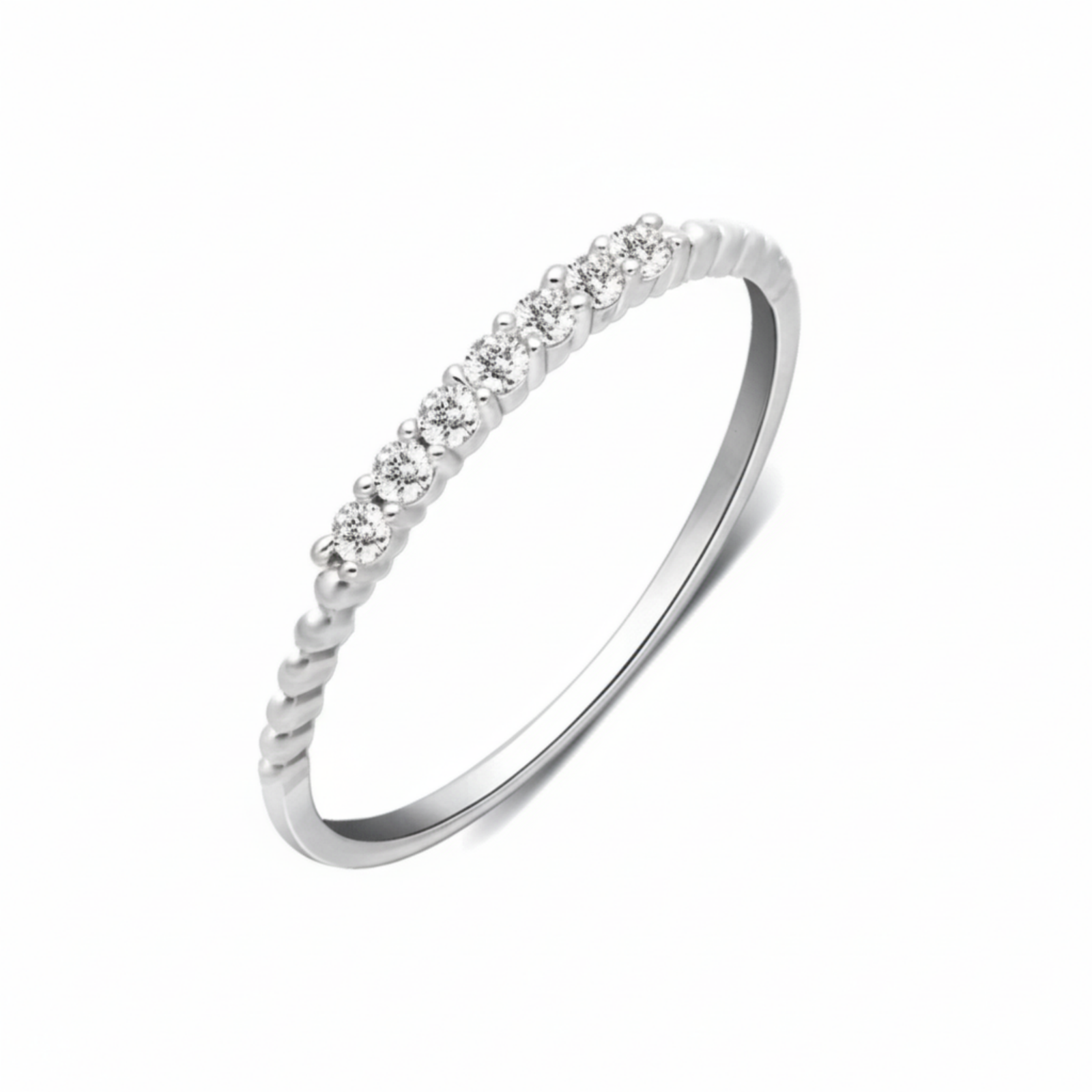 Silver half-eternity beaded ring with clear pavé stones, full side view.