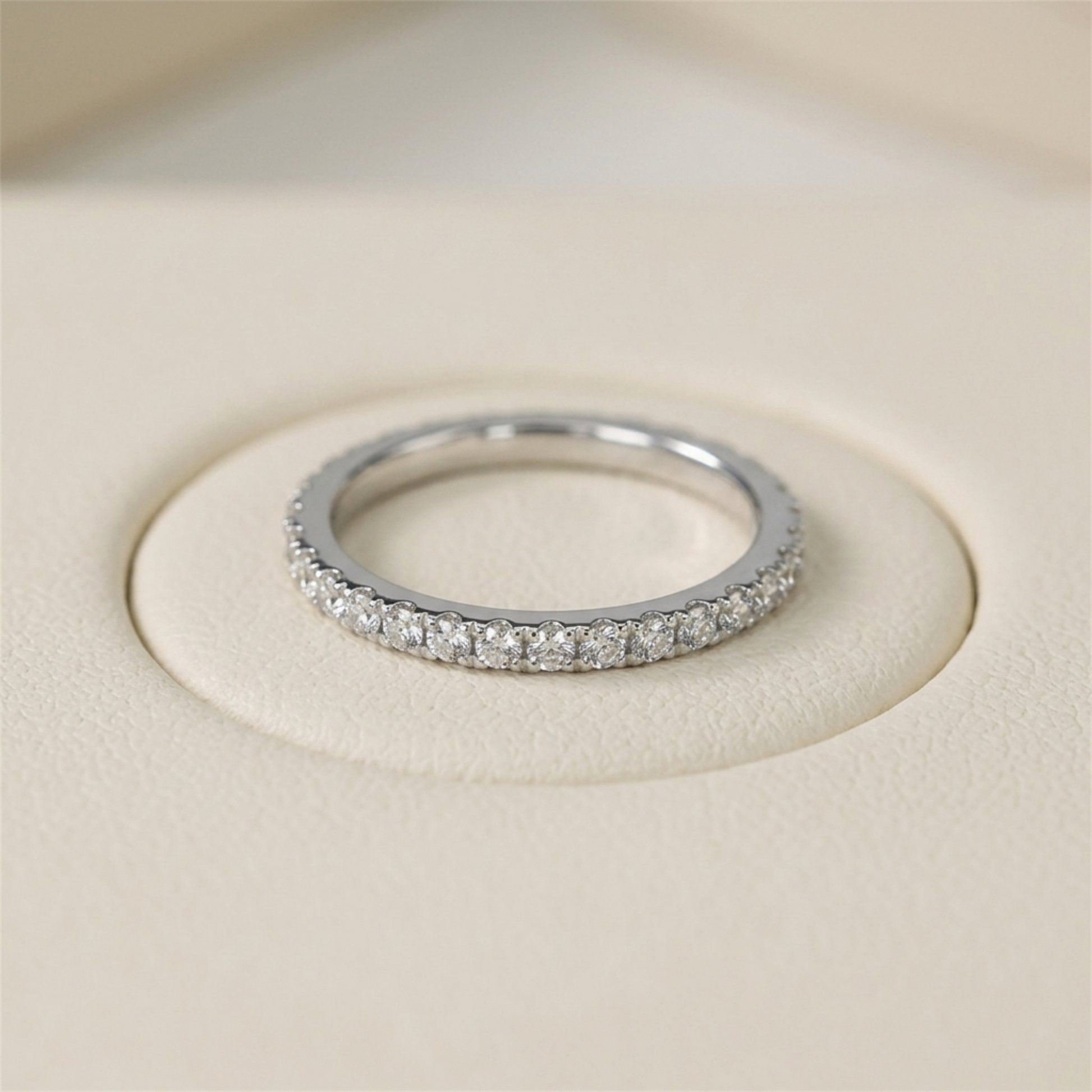 CZ stacking eternity band ring in silver tone with evenly spaced round sparkle stones