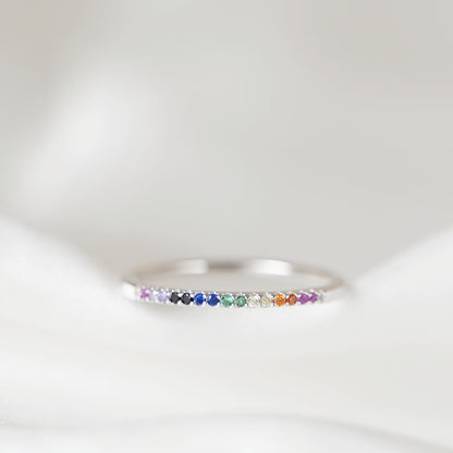 Sterling Silver Half Eternity Rainbow 1mm CZ Crystal Stacking Ring