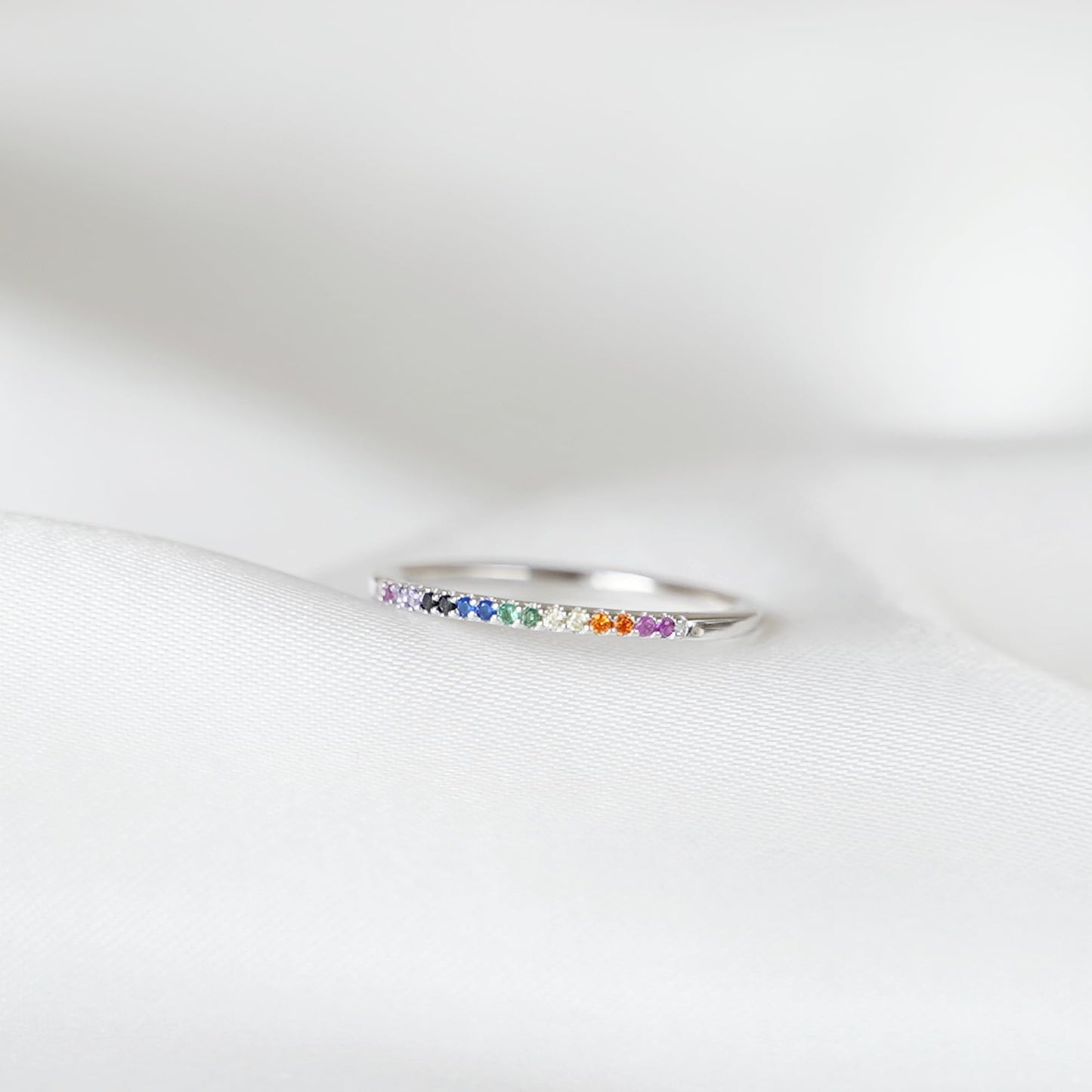 Sterling Silver Half Eternity Rainbow 1mm CZ Crystal Stacking Ring