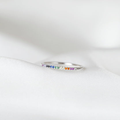 Sterling Silver Half Eternity Rainbow 1mm CZ Crystal Stacking Ring