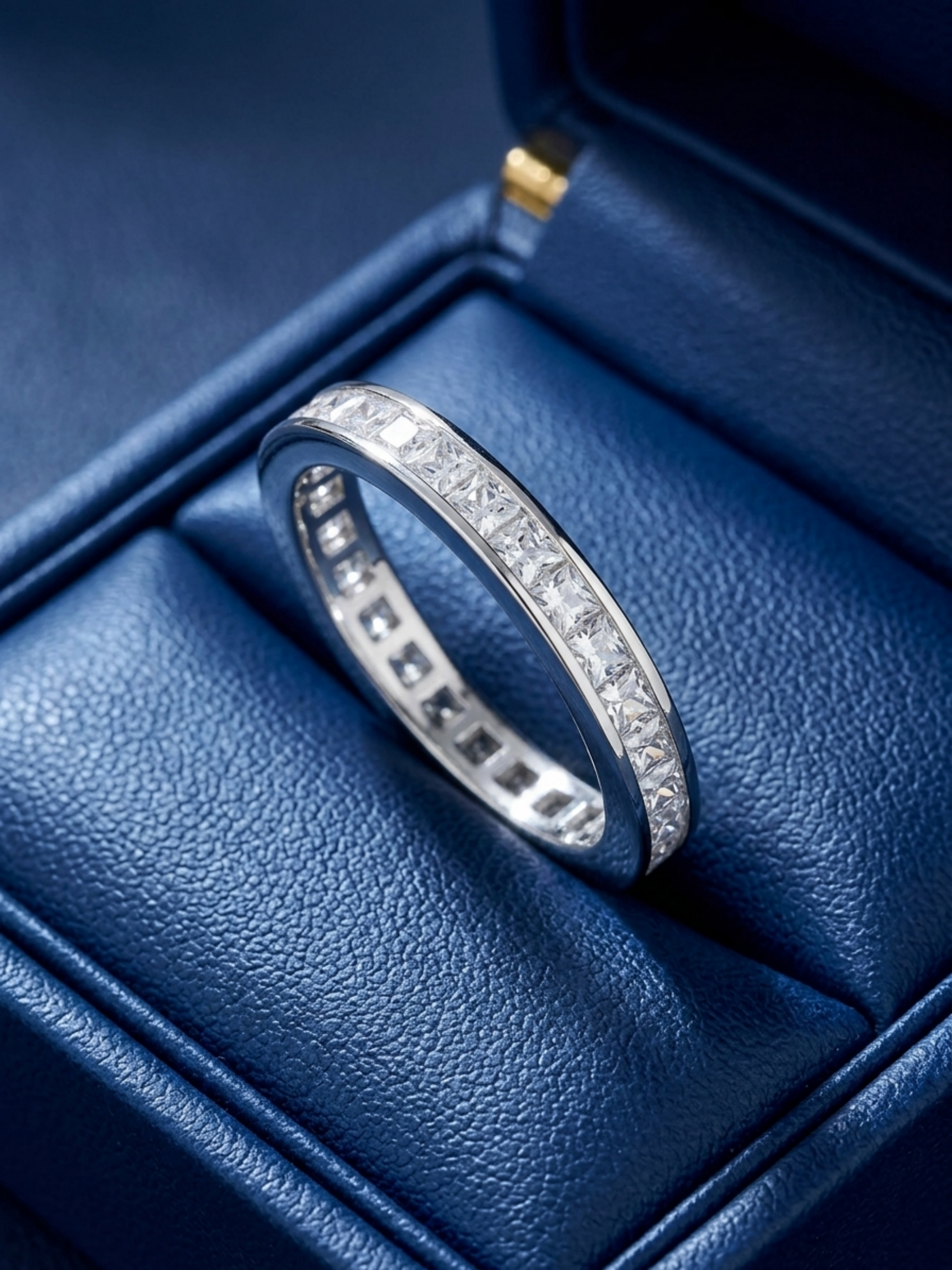 Silver-tone eternity ring with continuous row of clear stones around the rim