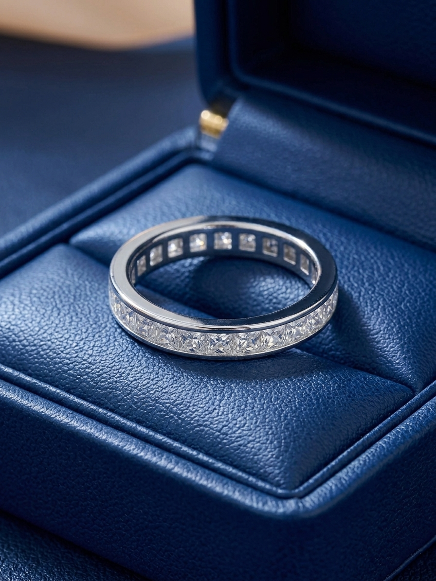 Silver-tone eternity ring with clear stones around the band, seen from the top