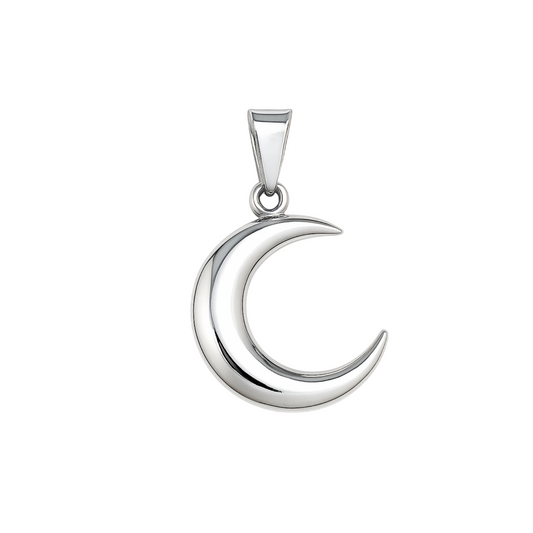 Shiny silver crescent moon pendant with bail, standalone view