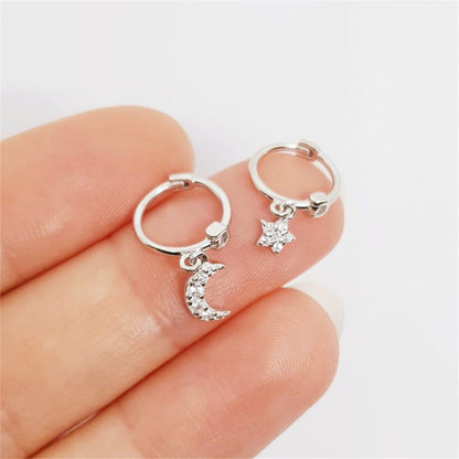 925 Sterling Silver Sleeper Hoop Moon Star Drop Earrings - sugarkittenlondon