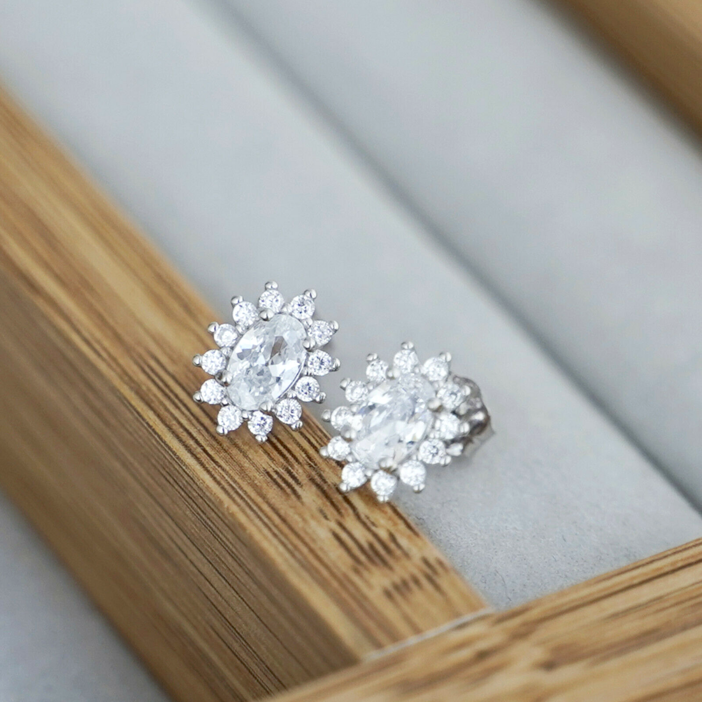 Sterling Silver Oval White CZ Cluster Stud Earrings - sugarkittenlondon