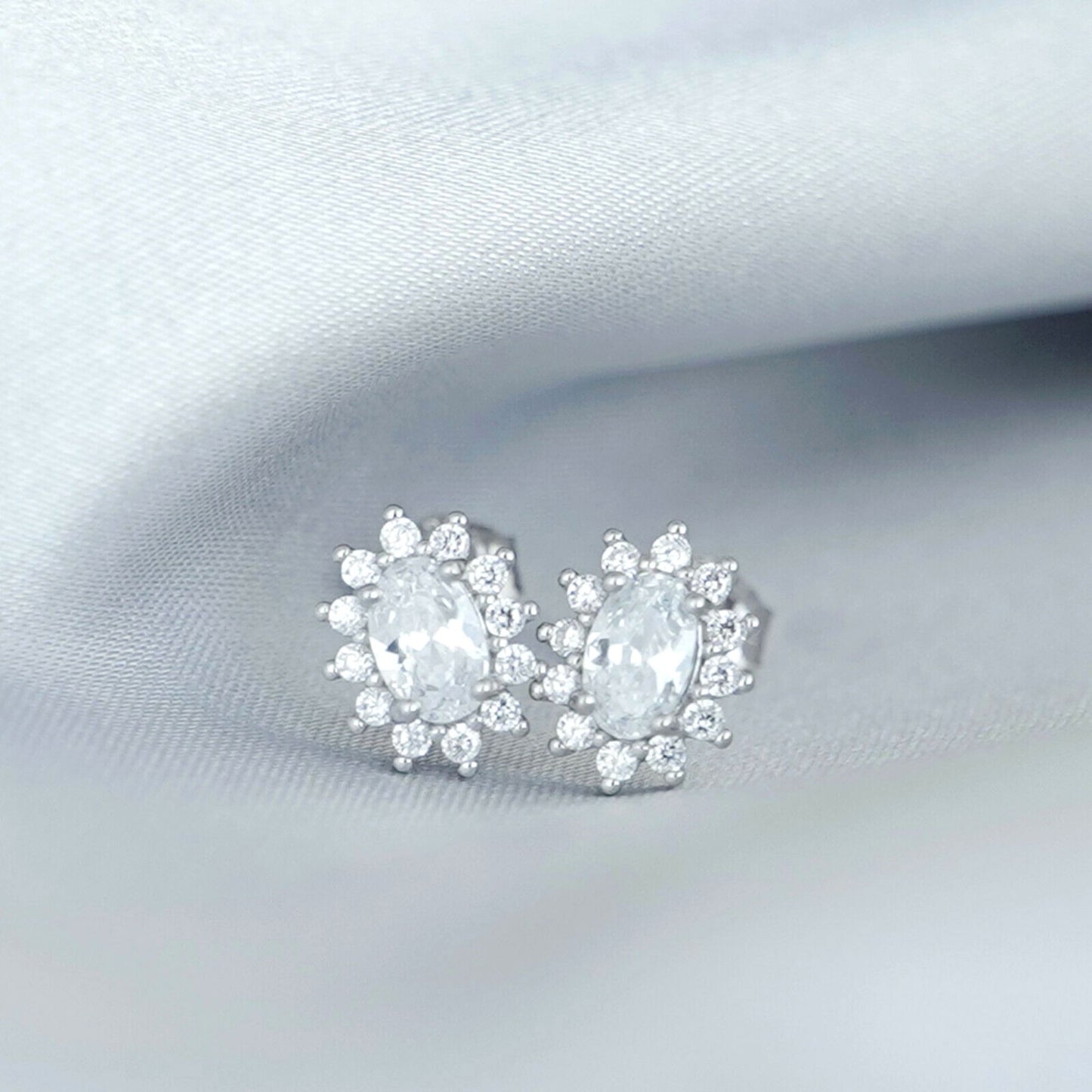 Sterling Silver Oval White CZ Cluster Stud Earrings - sugarkittenlondon