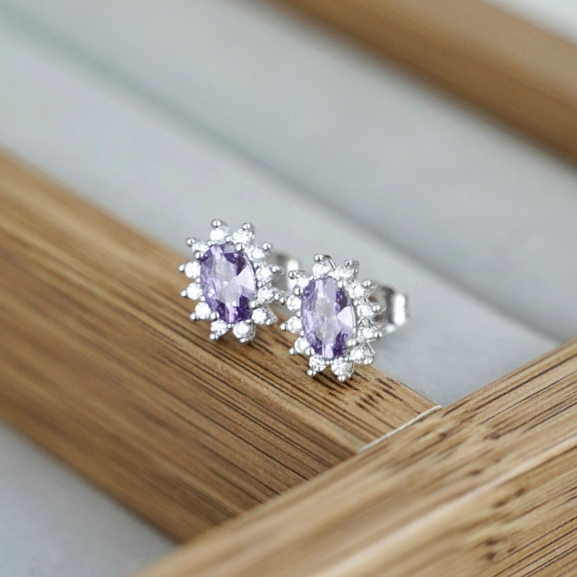 Sterling Silver Amethyst Purple CZ Oval Cluster Stud Earring Jewellery - sugarkittenlondon