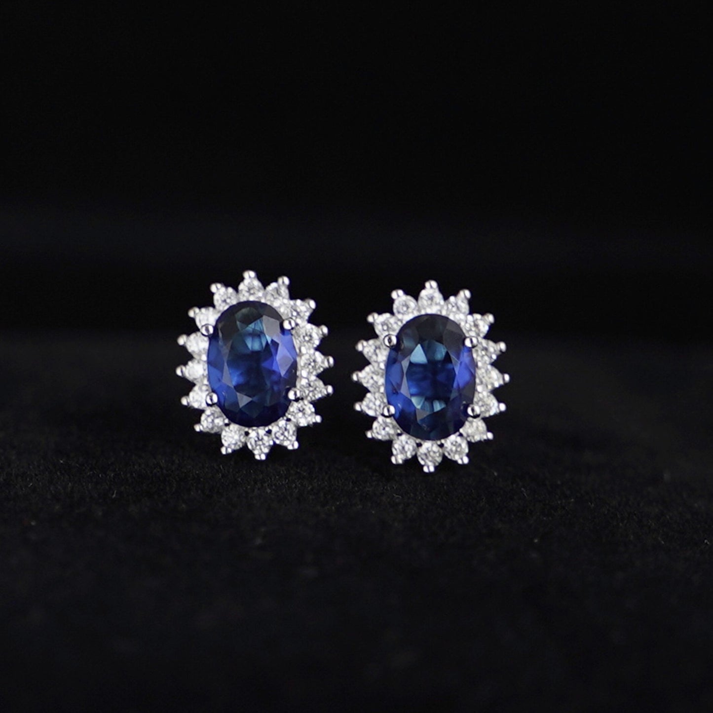 Cluster Stud Earrings in Sterling Silver with Blue Sapphire CZ - sugarkittenlondon