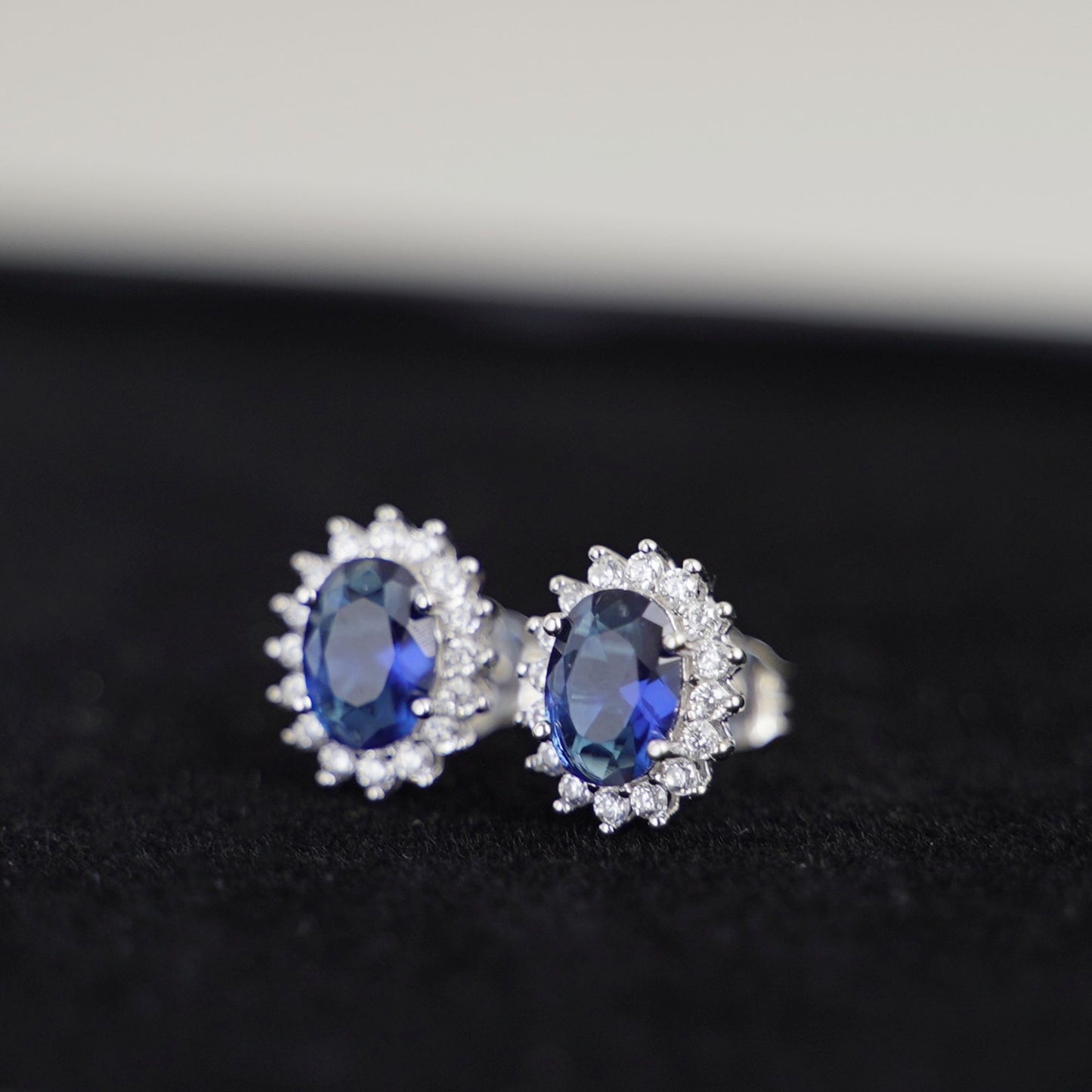 Cluster Stud Earrings in Sterling Silver with Blue Sapphire CZ - sugarkittenlondon