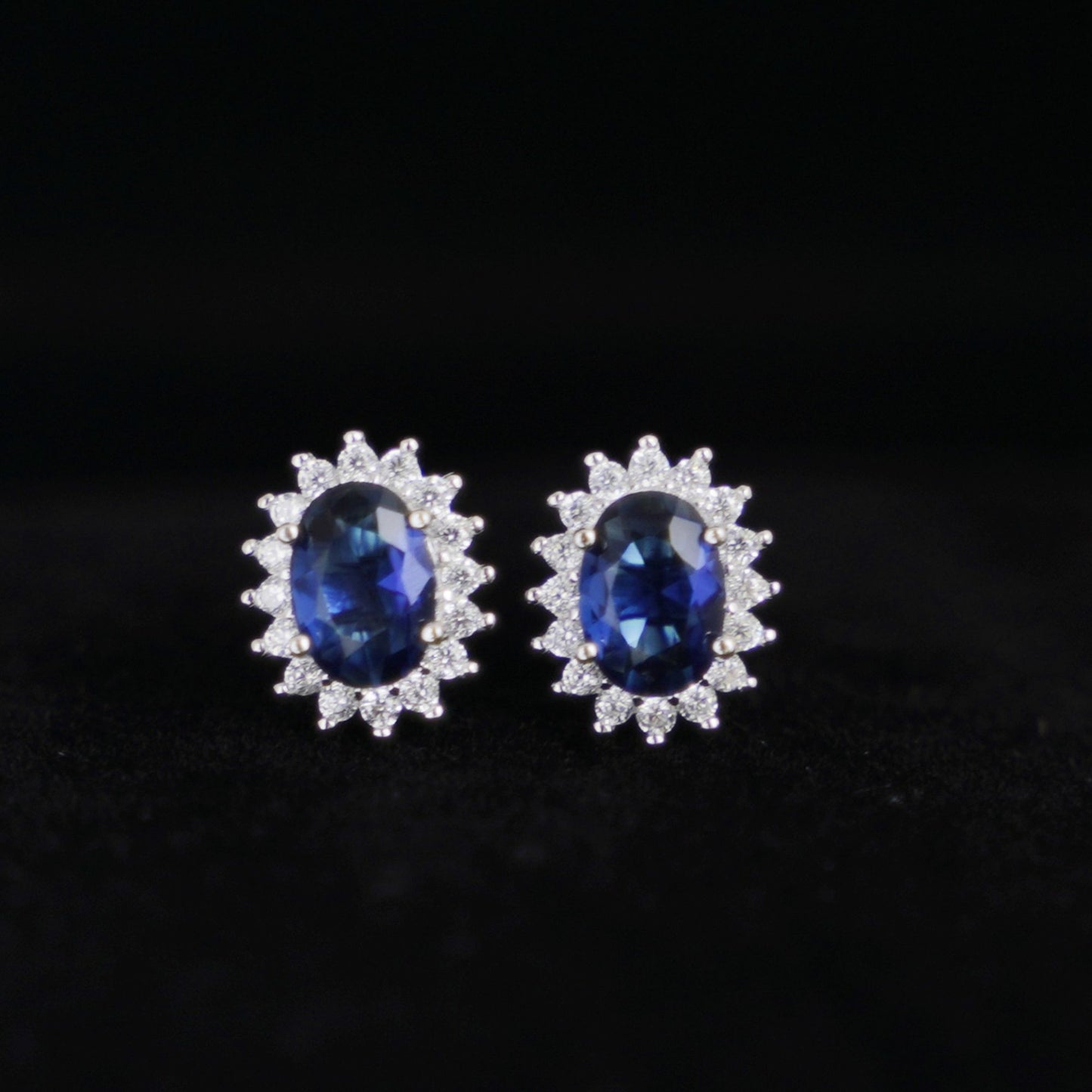 Cluster Stud Earrings in Sterling Silver with Blue Sapphire CZ - sugarkittenlondon