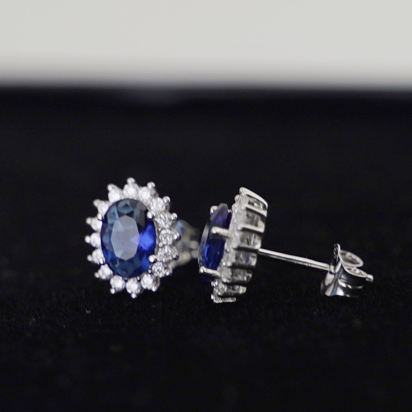 Cluster Stud Earrings in Sterling Silver with Blue Sapphire CZ - sugarkittenlondon