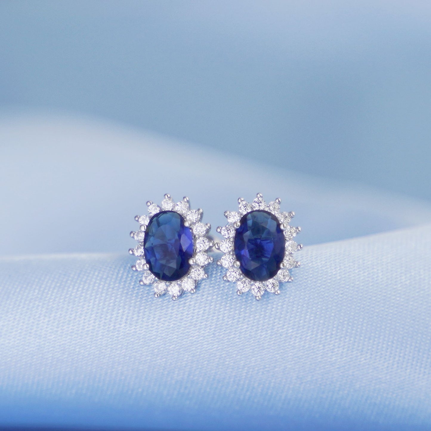 Cluster Stud Earrings in Sterling Silver with Blue Sapphire CZ - sugarkittenlondon