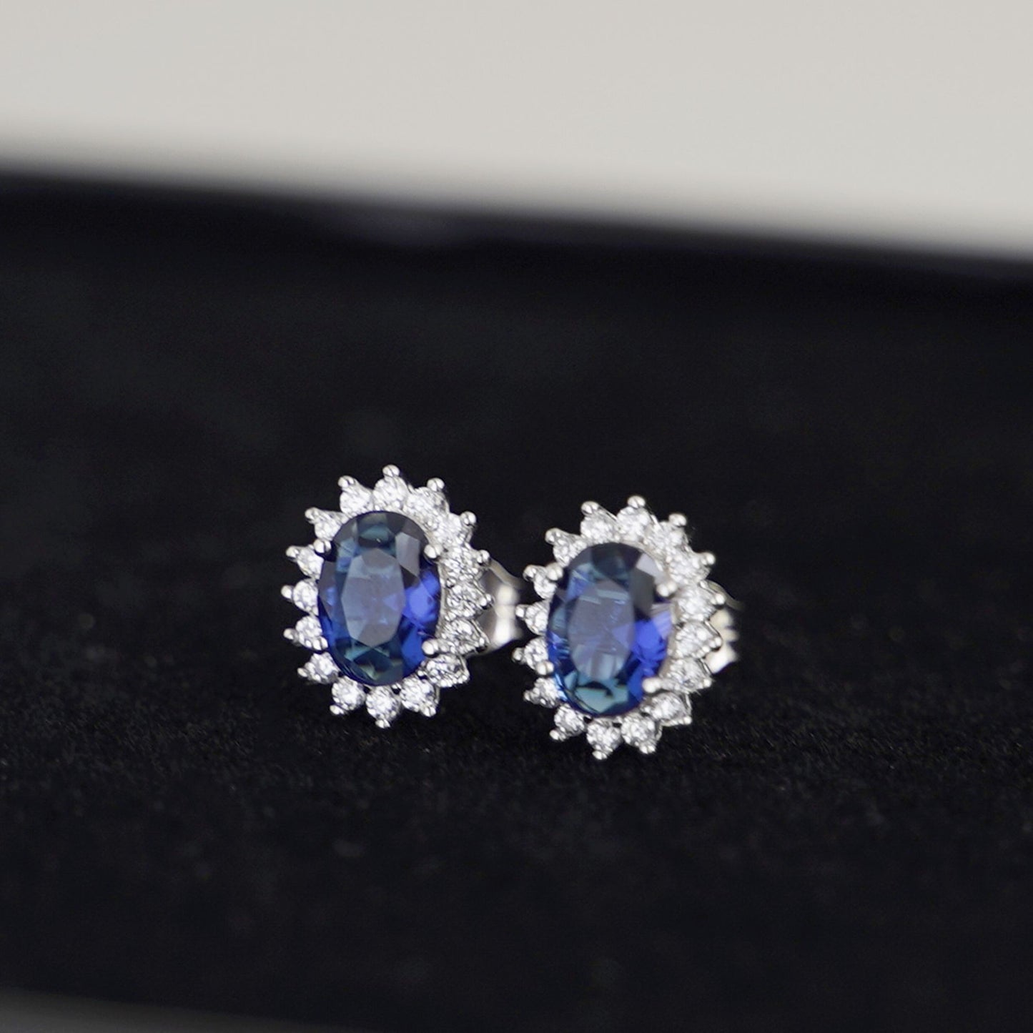 Cluster Stud Earrings in Sterling Silver with Blue Sapphire CZ - sugarkittenlondon