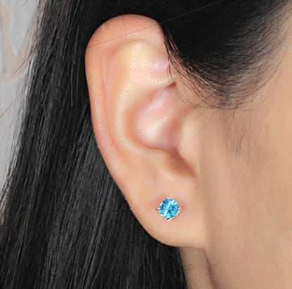 Sterling Silver 4 Claw Round 5mm CZ Stud Earrings Light Blue Aquamarine Clear White
