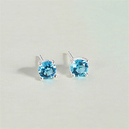 Sterling Silver 4 Claw Round 5mm CZ Stud Earrings Light Blue Aquamarine Clear White