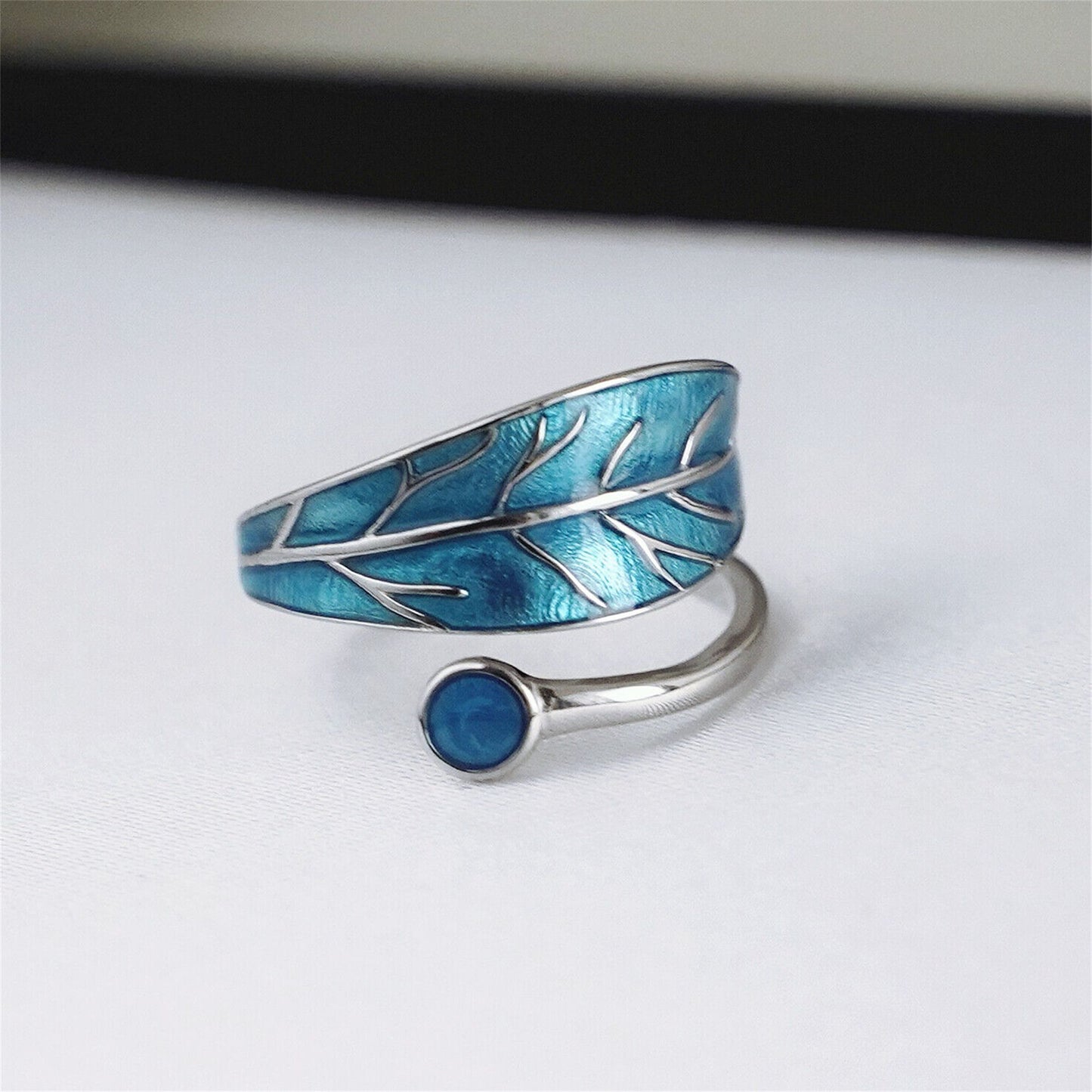 Open Band Sterling Silver Blue Leaf Glazed Dot Wrap Ring - sugarkittenlondon