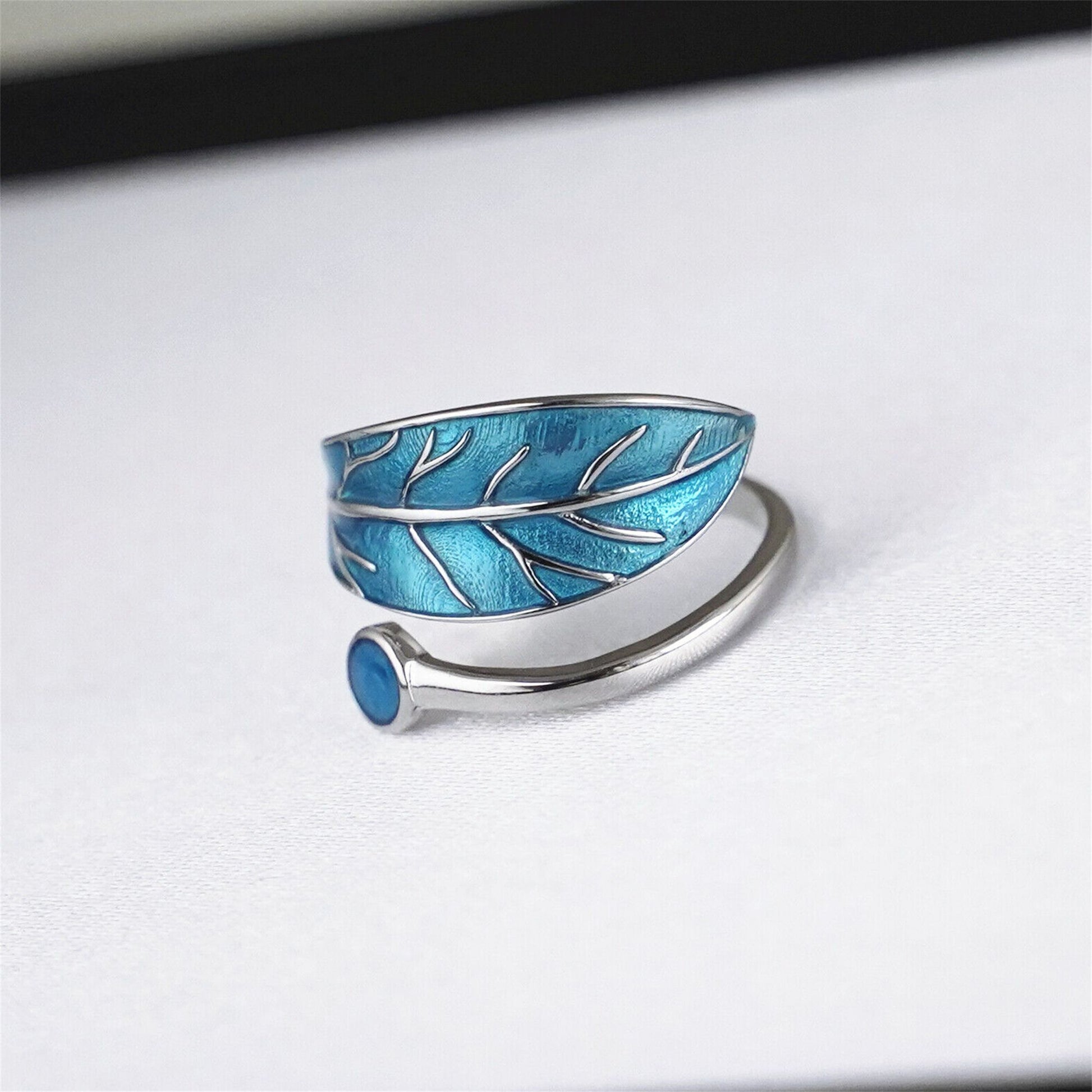 Sterling Silver Glazed Blue Tree Leaf Dot Wrap Open Band Ring - sugarkittenlondon