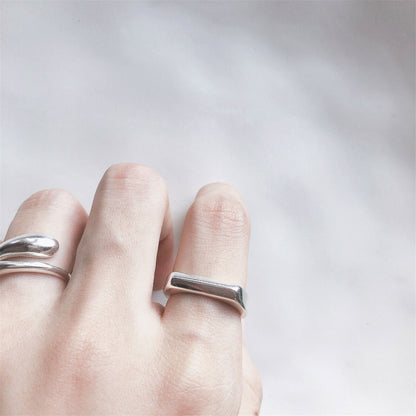 Sterling Silver Open Band Signet Ring with Polished Plain Pointy Square Design in 2 Tones - sugarkittenlondon