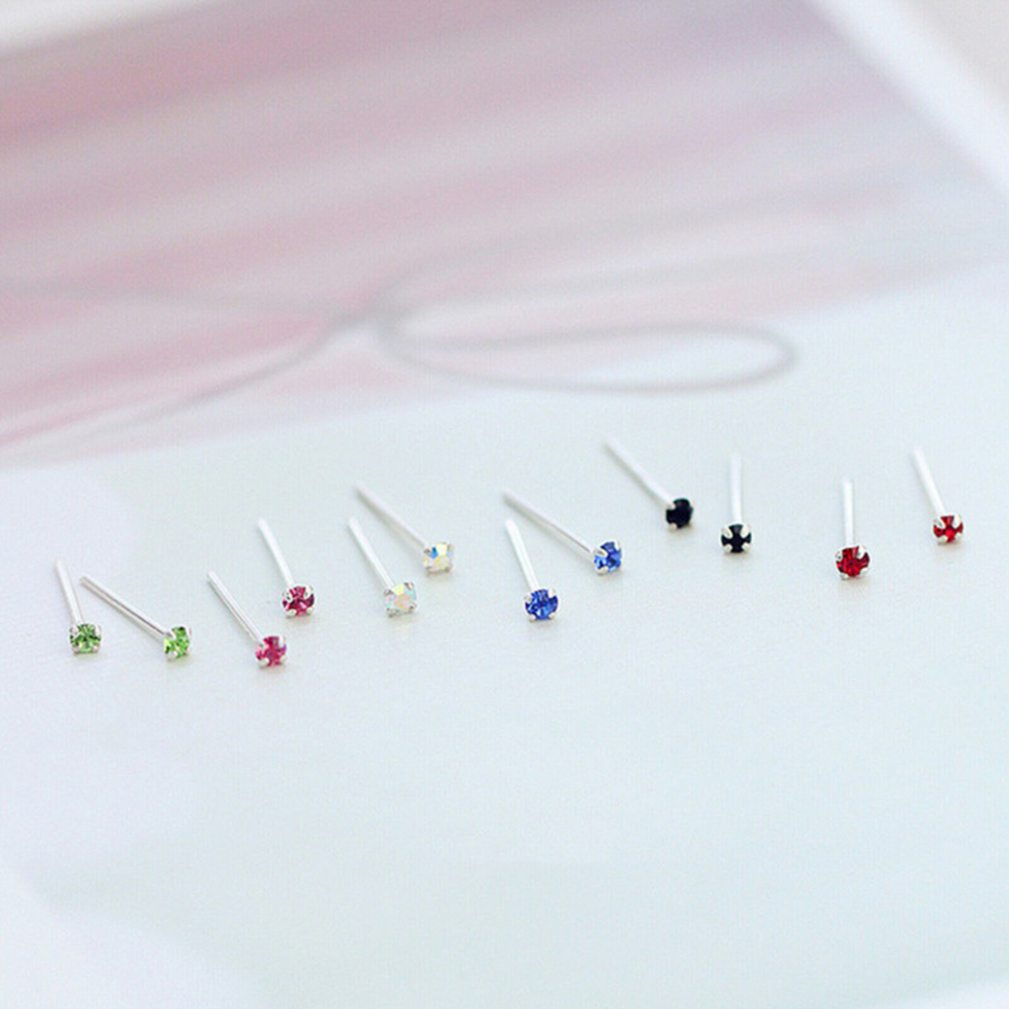 Sterling Silver Small 1.5mm CZ Clear Blue Black Red Opal Green Earrings with Small CZ - sugarkittenlondon