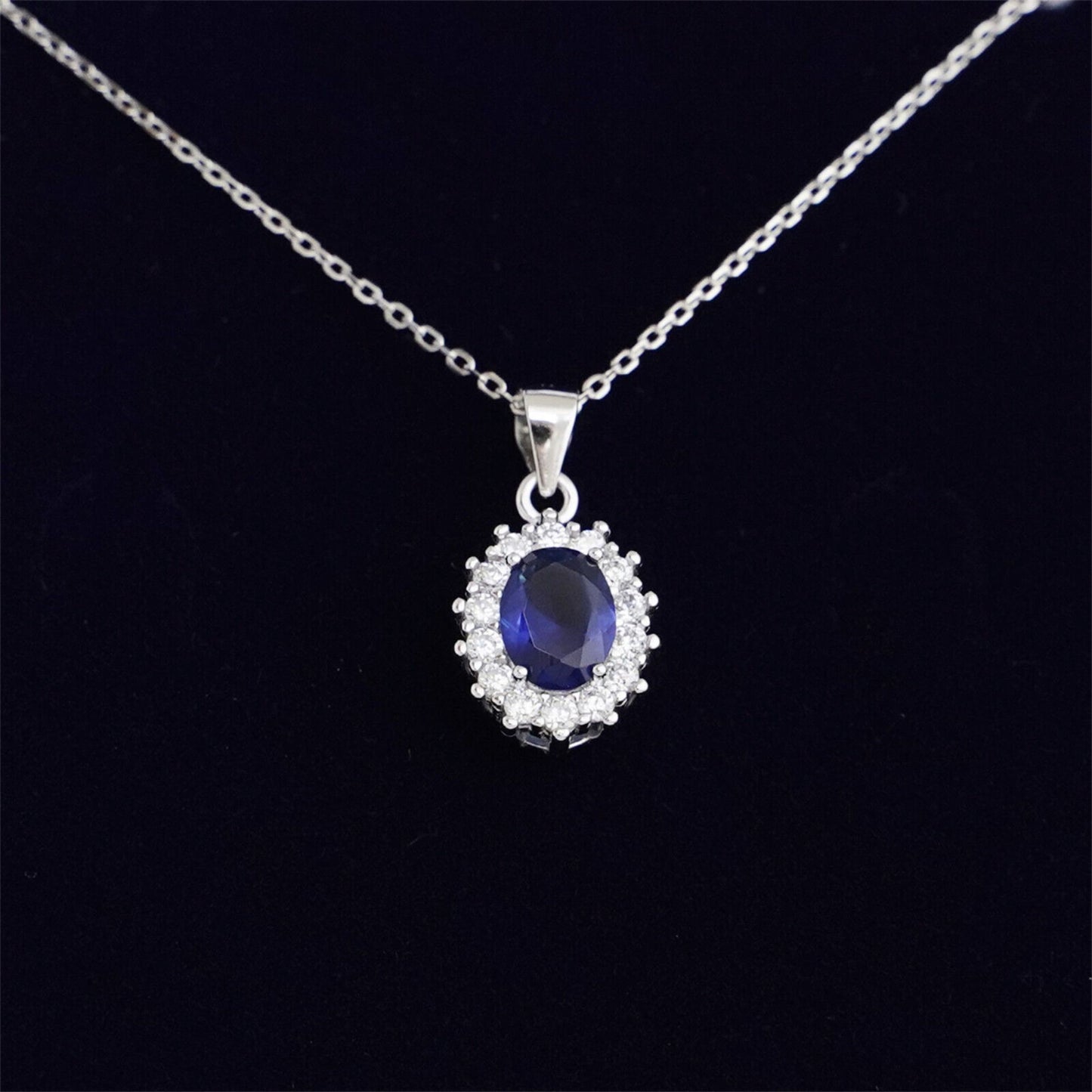 Sterling Silver Cut Blue CZ Sapphire Halo Cluster Pendant Necklace 3 Chains - sugarkittenlondon