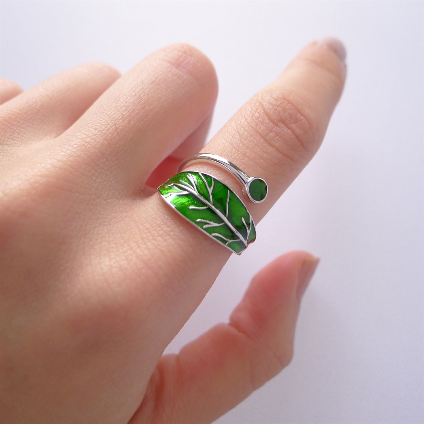 Sterling Silver Glazed Green Tree Leaf Dot Wrap Open Band Ring - sugarkittenlondon