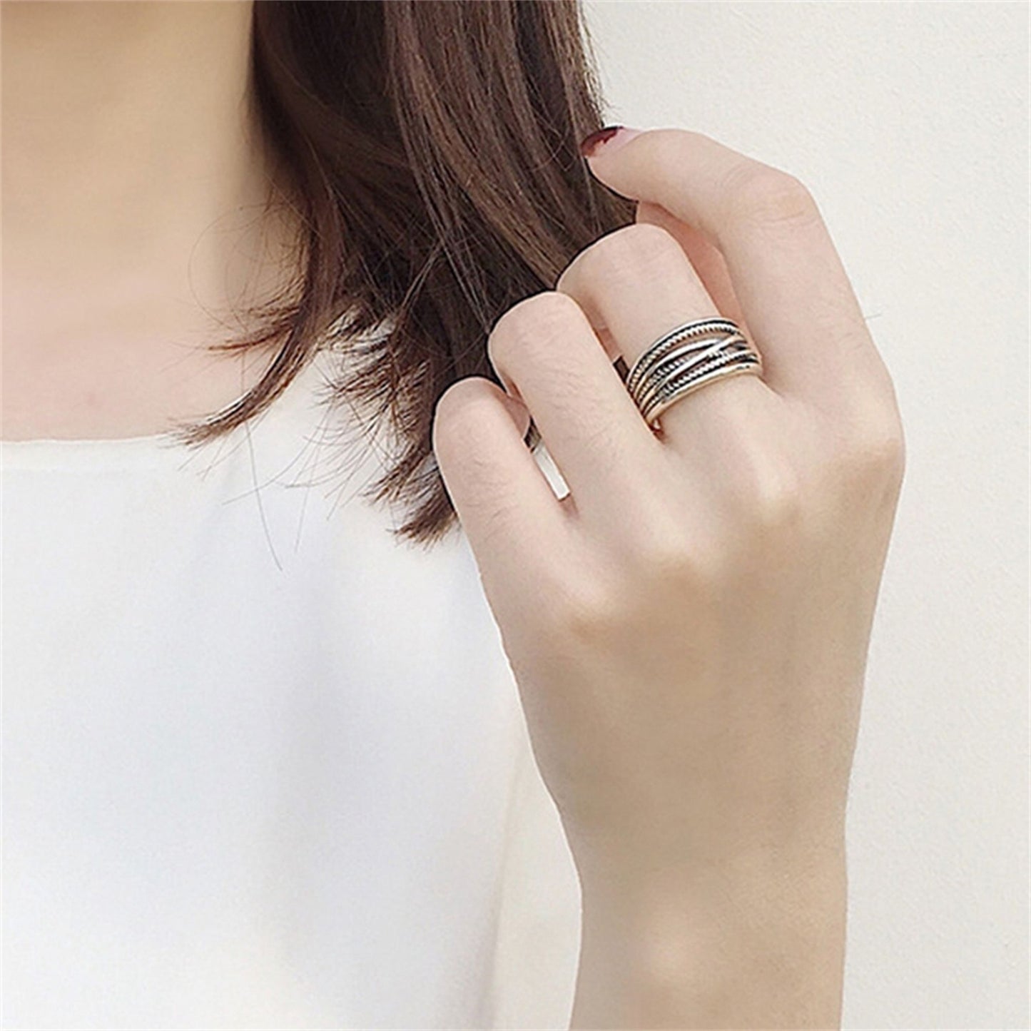 Sterling Silver Entwined Ring with Wide Oxidized Rope Band (UK N) - sugarkittenlondon