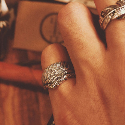 Sterling Sliver Oxidized Wide Wrap Feather Eagle Wing Leaf Open Band Ring - sugarkittenlondon
