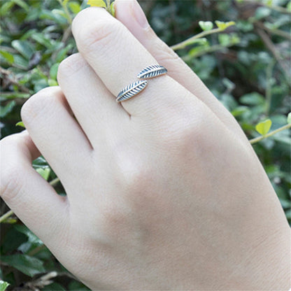 Sterling Silver Oxidized Feather Leaf Leaves Twisted Wire Knuckle Stacking Ring - sugarkittenlondon