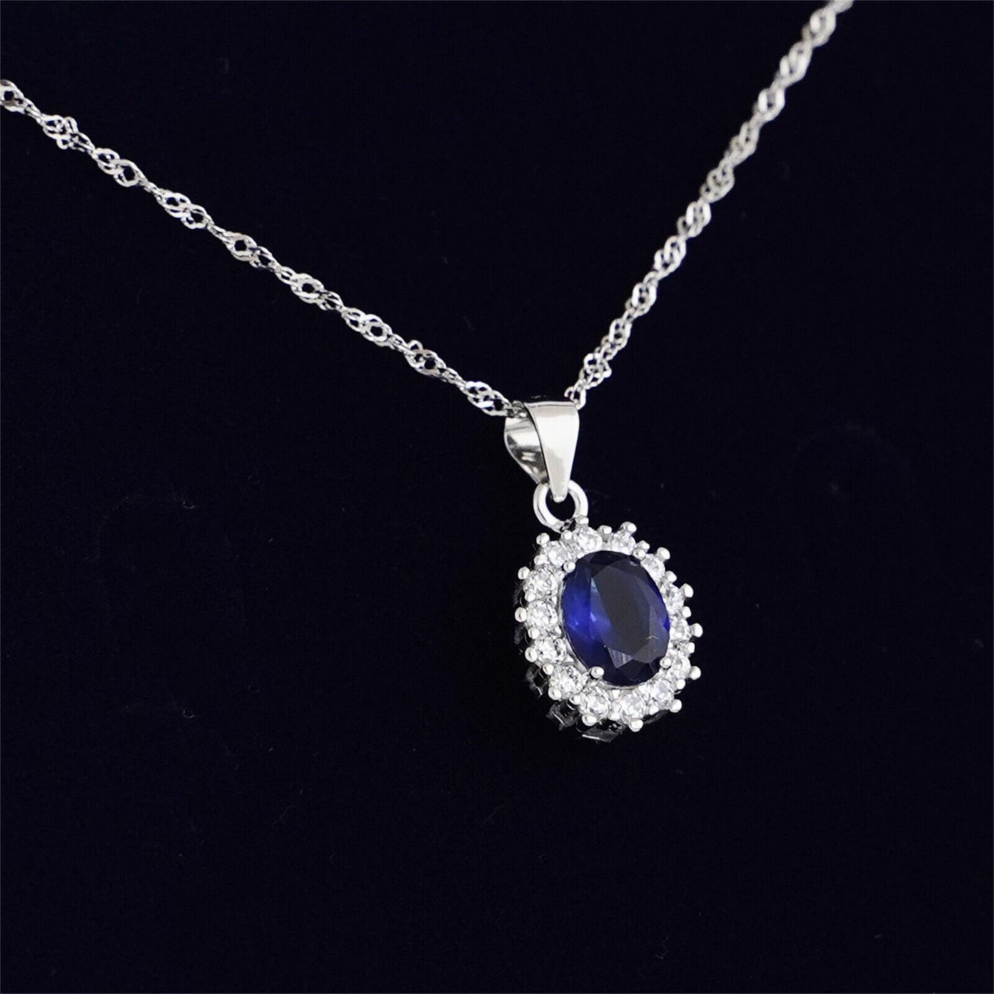 Sterling Silver Cut Blue CZ Sapphire Halo Cluster Pendant Necklace 3 Chains - sugarkittenlondon