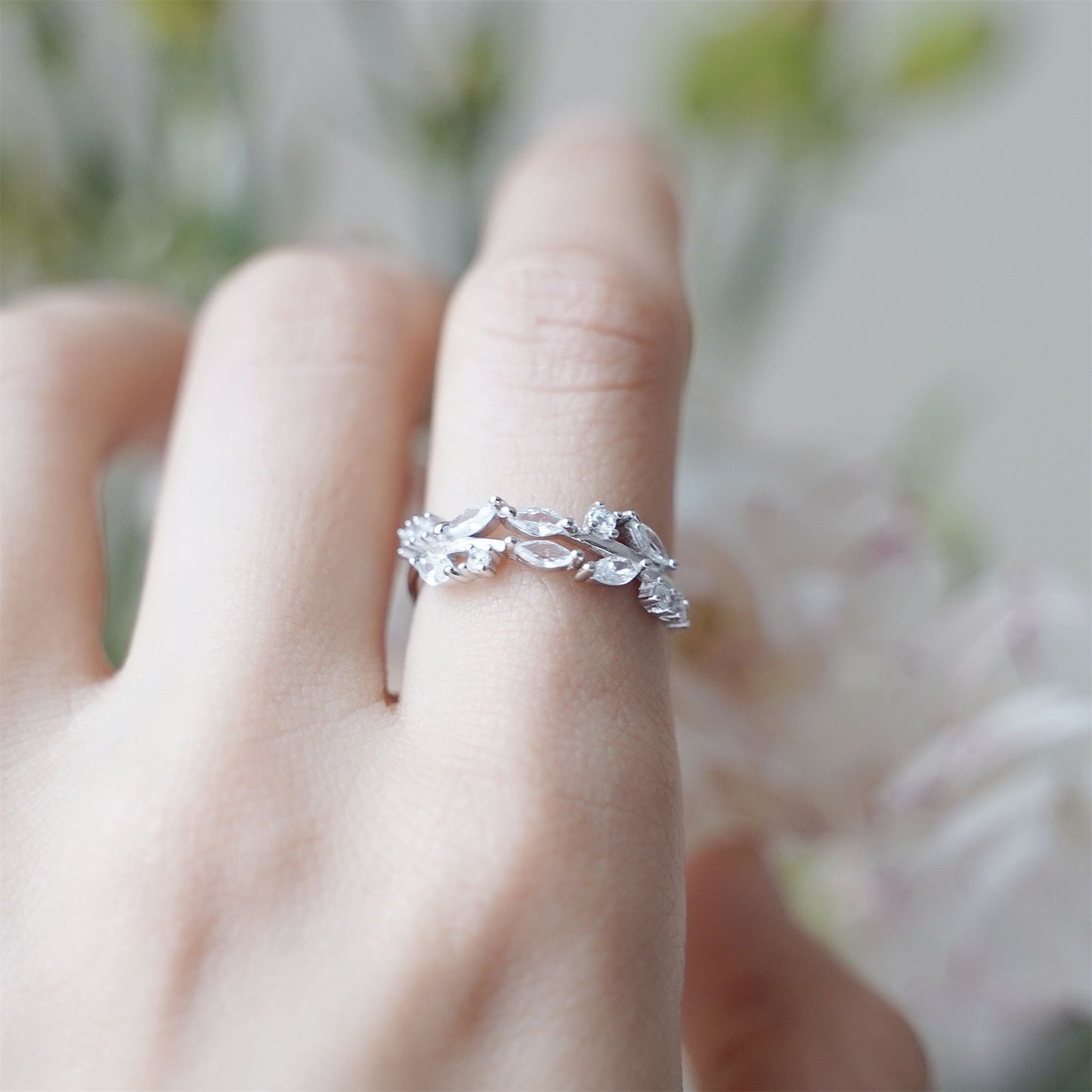 Sterling Silver Sparkling Crystal CZ Leaf Feather Bridal Wrap Ring 2 Tones - sugarkittenlondon