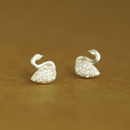 925 Sterling Silver Swan Stud Earrings with Paved CZ - sugarkittenlondon