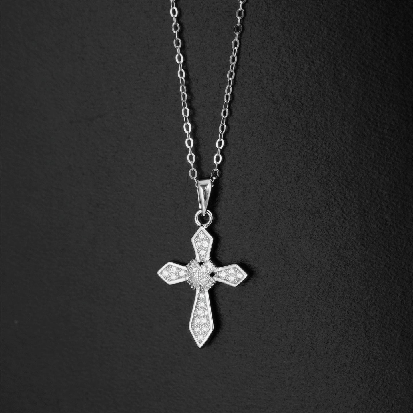 Sterling Silver Passion Cross Diagonal Cross Centre Paved CZ Pendant Necklace - sugarkittenlondon
