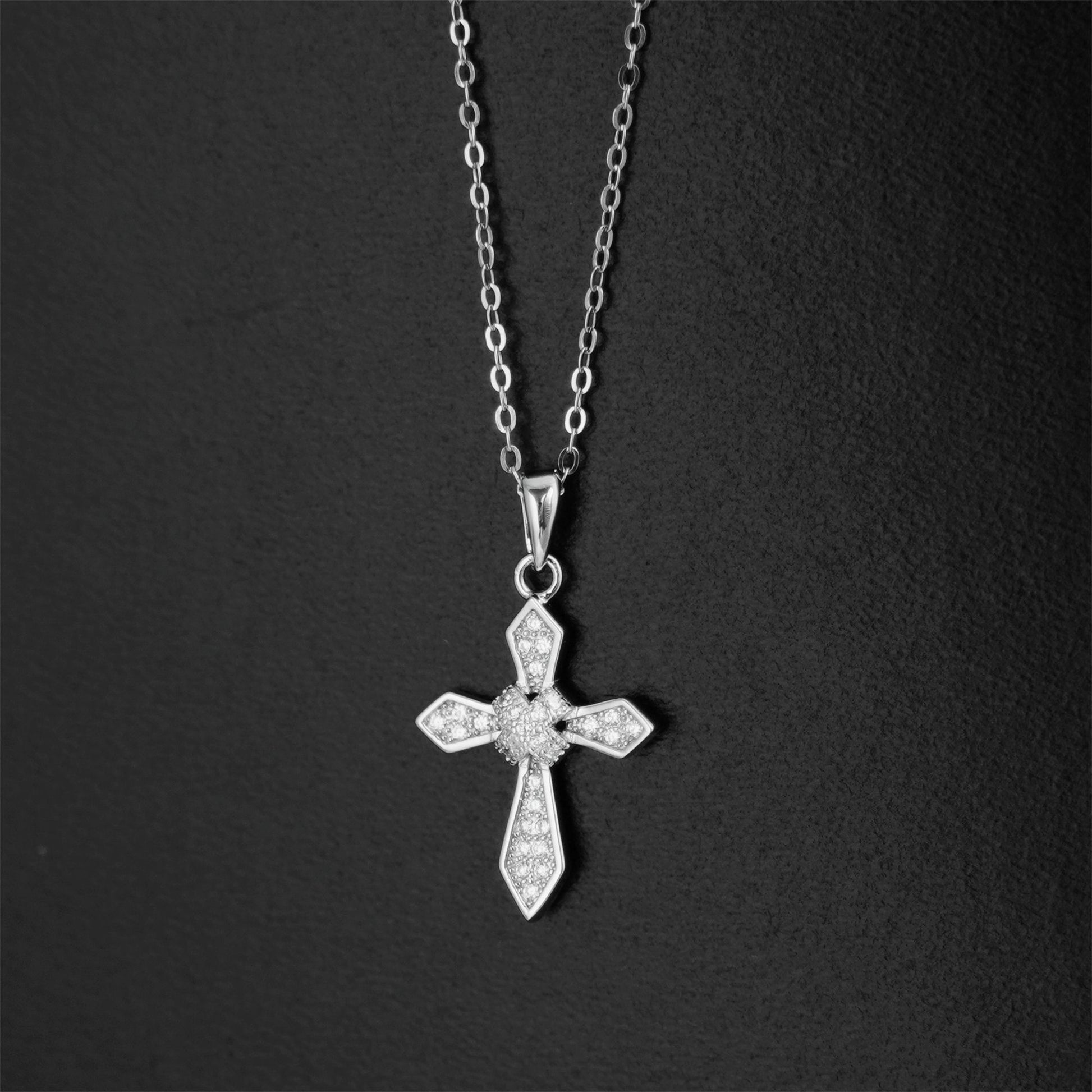 Sterling Silver Passion Cross Diagonal Cross Centre Paved CZ Pendant Necklace - sugarkittenlondon