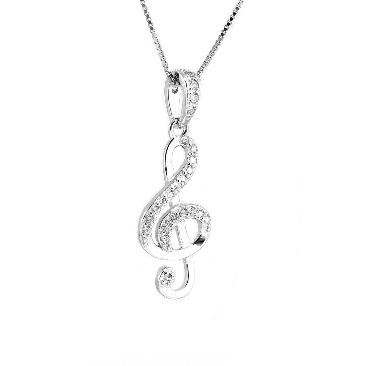 Sterling Silver CZ Treble Clef Necklace with G Music Note Pendant - sugarkittenlondon