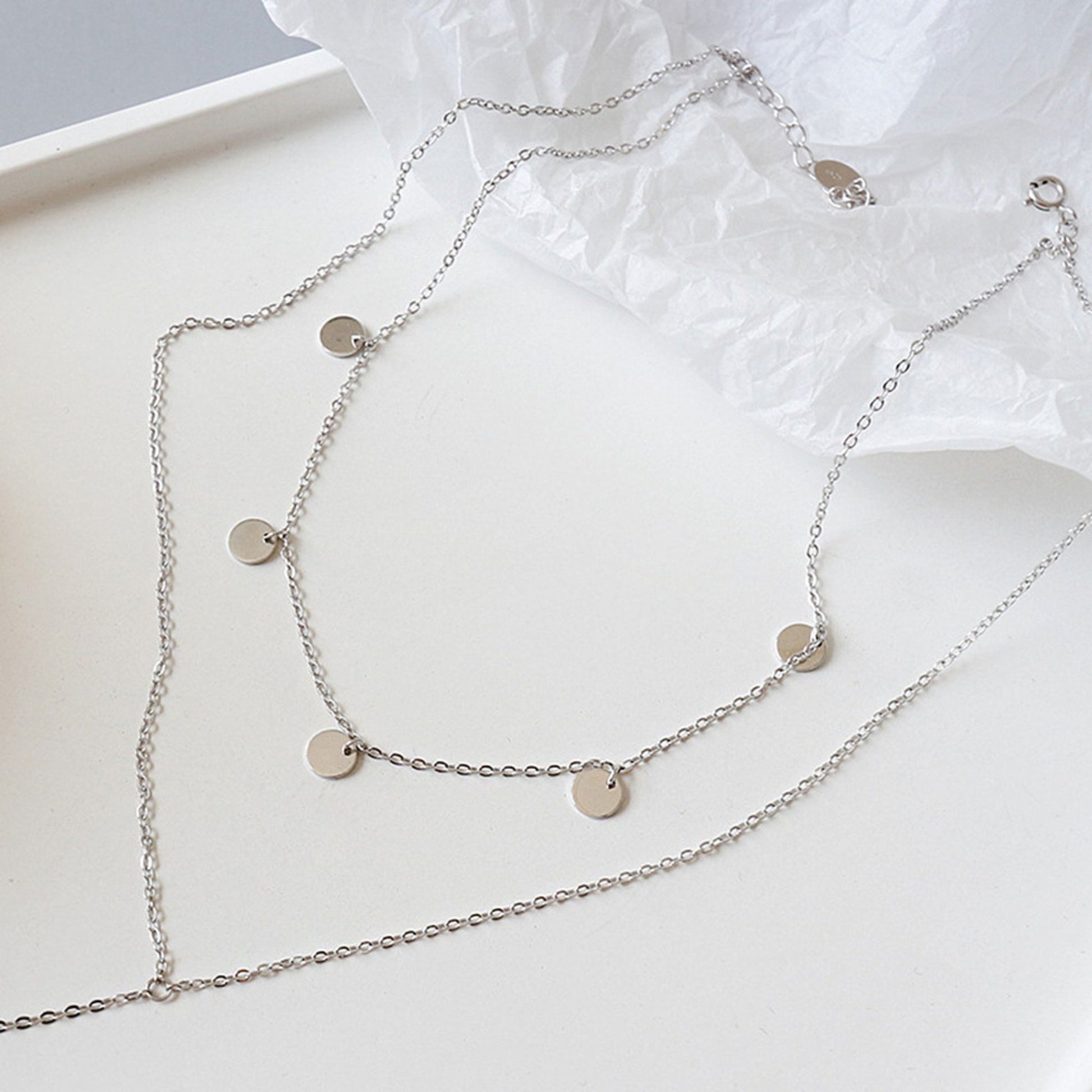 Sterling Silver Double Layered Disc Dot Circle Lariat Choker Necklace - sugarkittenlondon