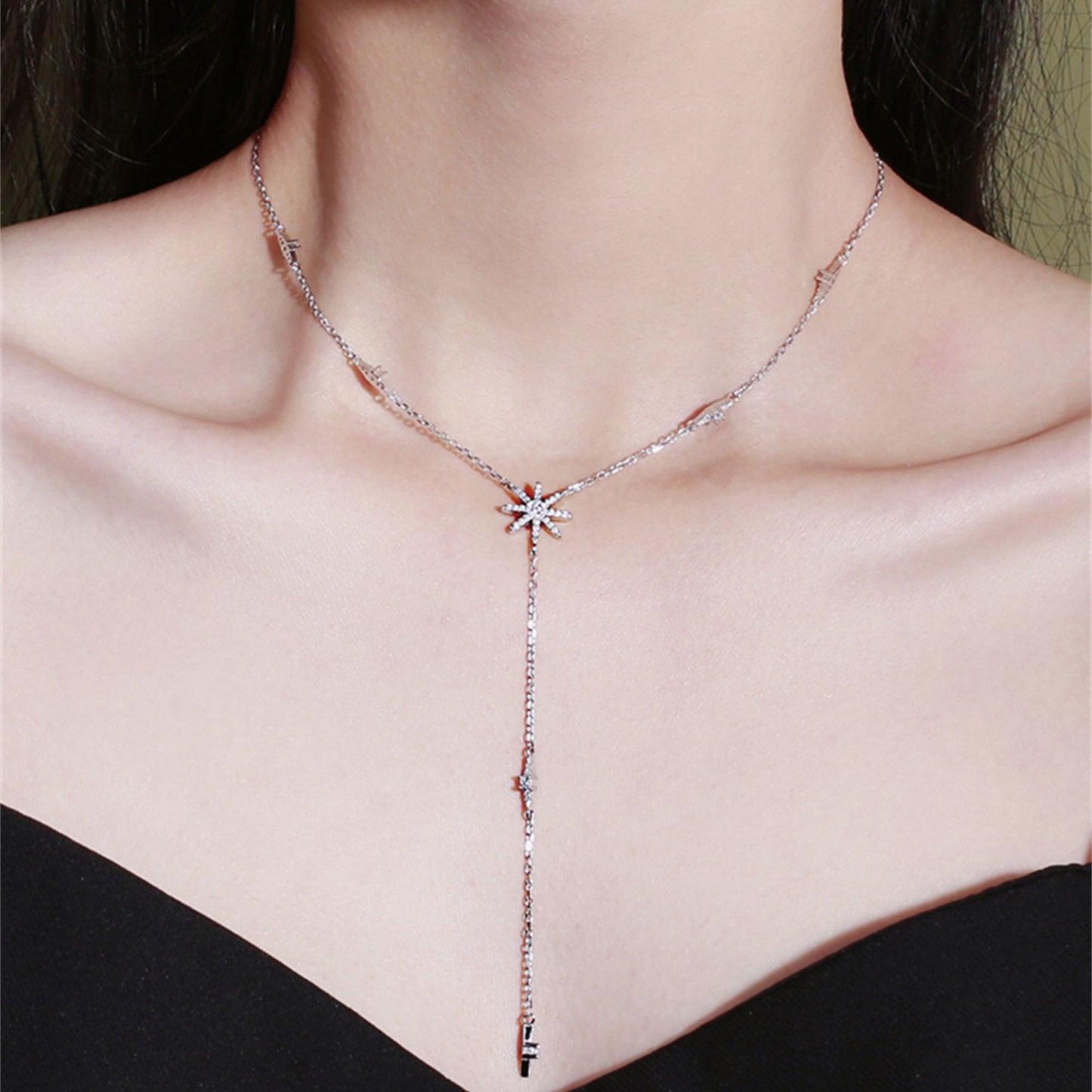 Sterling Silver Long CZ Sunlight Star Sunburst Drop Y Shape Lariat Necklace - sugarkittenlondon