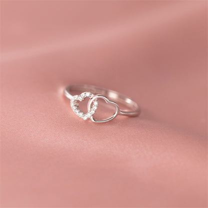 Rhodium Love Ring with Sterling Silver Linked Hearts and Crystal CZ Paving
