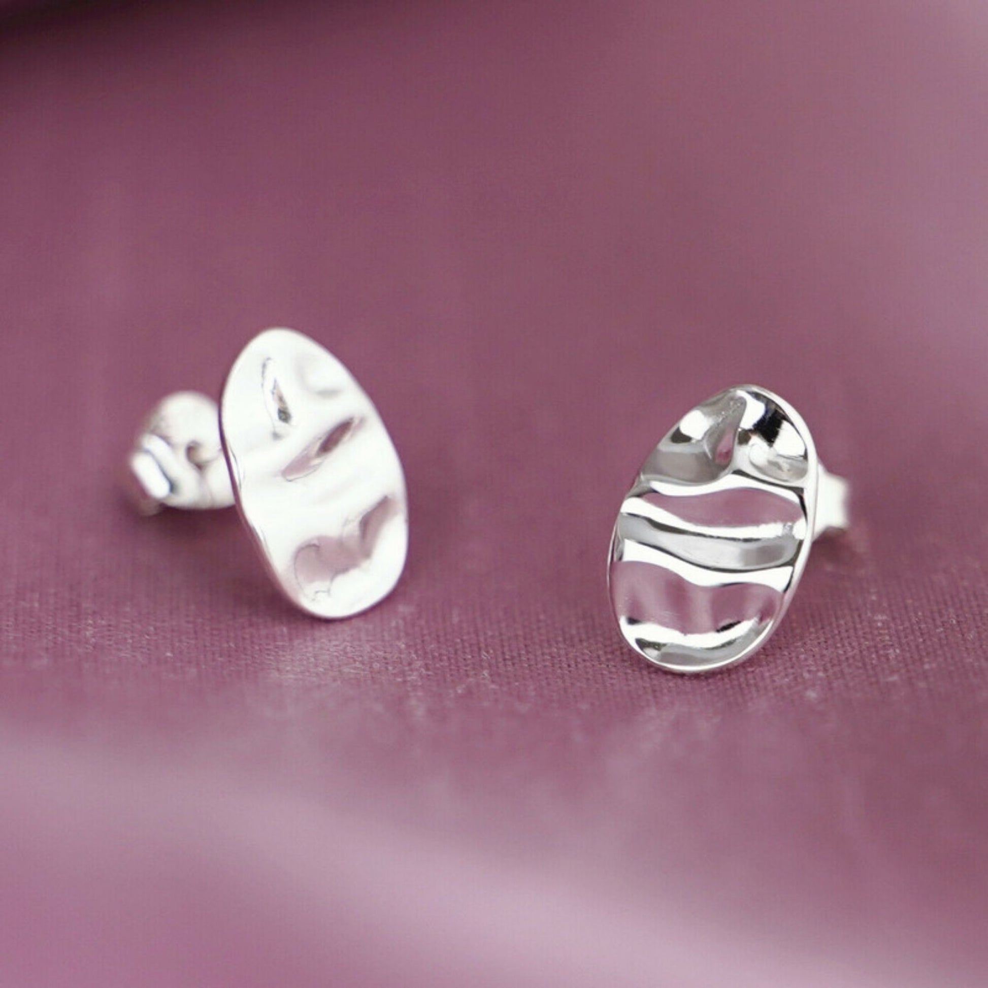 Sterling Silver Oval Stud Shiny Polished Water Wave Ripple Textured Earrings - sugarkittenlondon