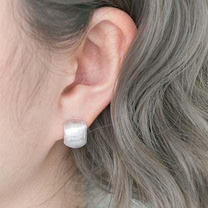 Sterling Silver Chunky Brushed Half Hoop Circle Dome Square Drop Earrings - sugarkittenlondon
