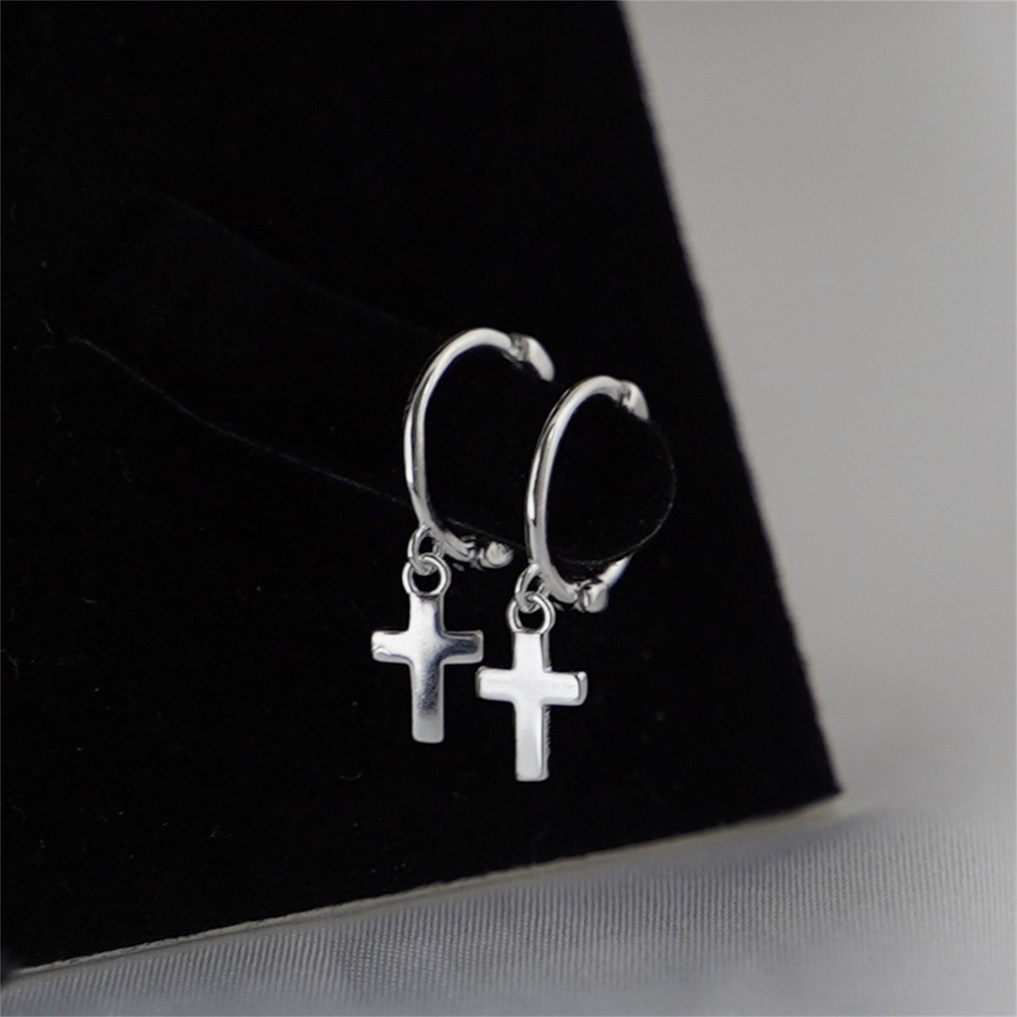 Unisex 8mm Sterling Silver Cross Hoop Earrings with Drop Charm