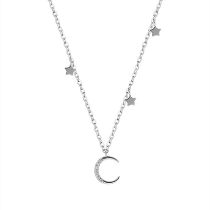Sterling Silver Mini Moon Star CZ Crescent Charm Drop Choker Necklace - sugarkittenlondon