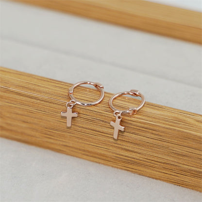 Rose Gold on Sterling Silver Cross Hoop Earrings with Sterling Silver Charm